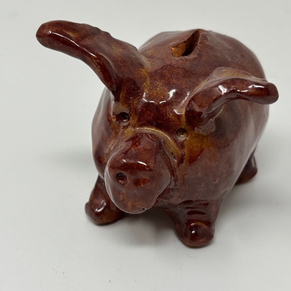 Other - Handmade Pottery Pig Piggy Bank Brown Glaze Big Ears Rustic Folk Art Unmarked